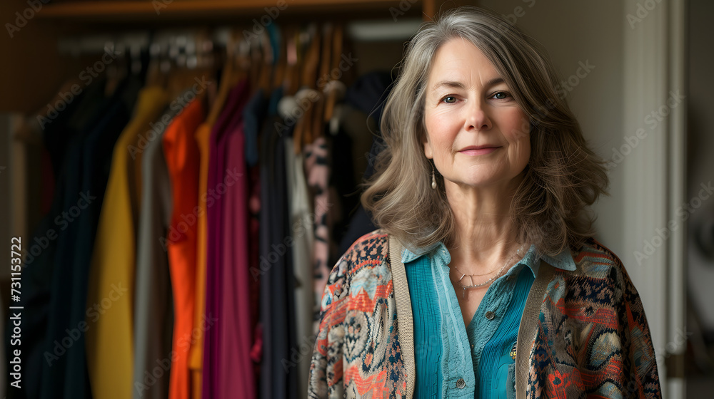 Casual portrait of a middle-aged woman near her wardrobe, reflecting on choices that express personal style and comfort Casual portrait of a middle-aged woman near her wardrobe, reflecting on choices that express personal style and comfort
