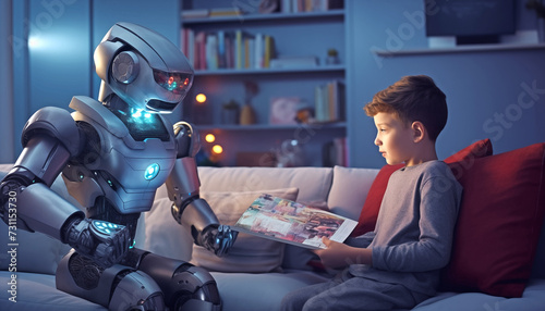 A human-like teenage android robot babysitter is reading a book to a four-year-old boy at night on a grey couch inside a futuristic living room.