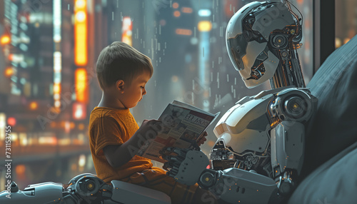 A human-like teenage android robot babysitter is reading a book to a four-year-old boy at night on a grey couch inside a futuristic living room.