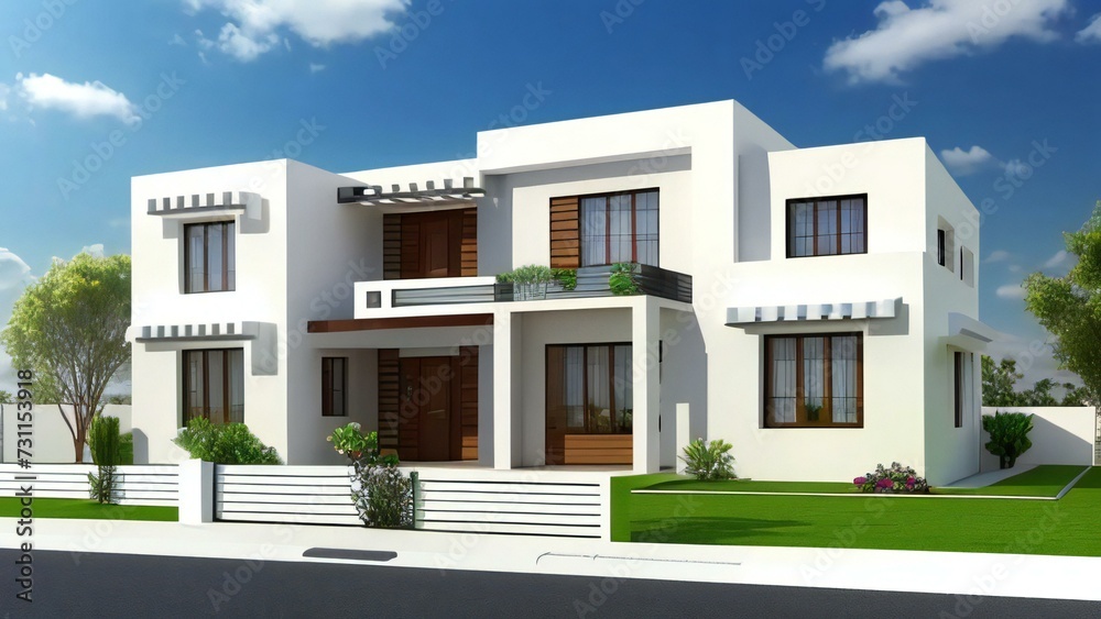 3d house model rendering on white background, Clean and precise 3D illustration modern cozy house. Concept for real estate or property.