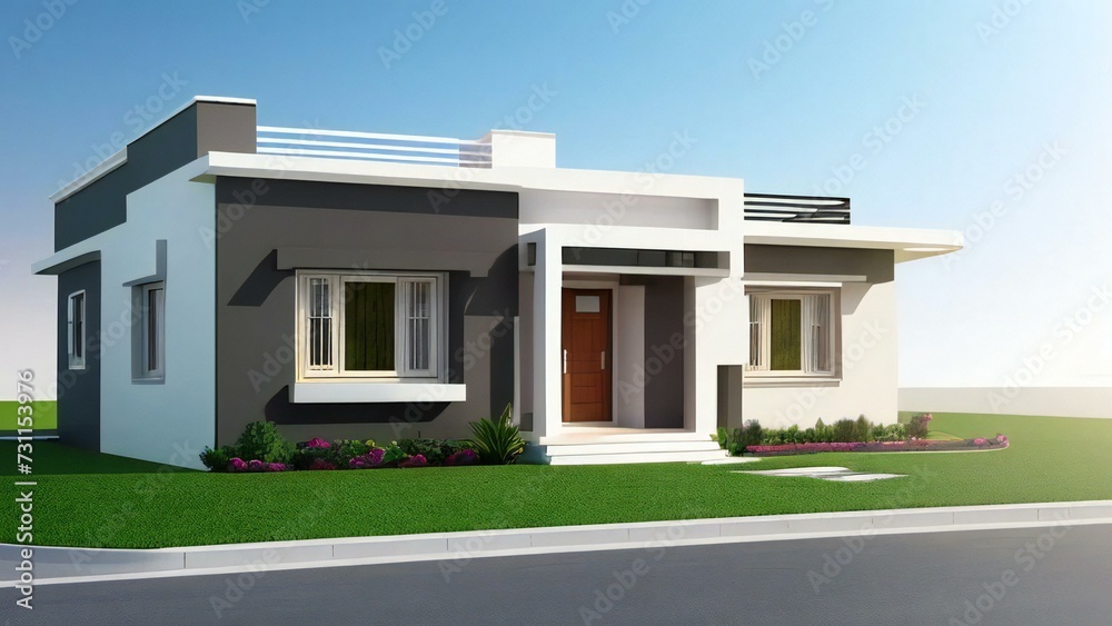 3d house model rendering on white background, Clean and precise 3D illustration modern cozy house. Concept for real estate or property.