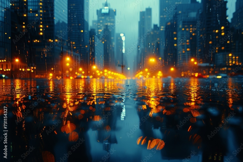 Amidst the hustle and bustle of a metropolis, a city street glistens with the reflections of towering skyscrapers, their lights illuminating the rainy night and painting the skyline with a dazzling d