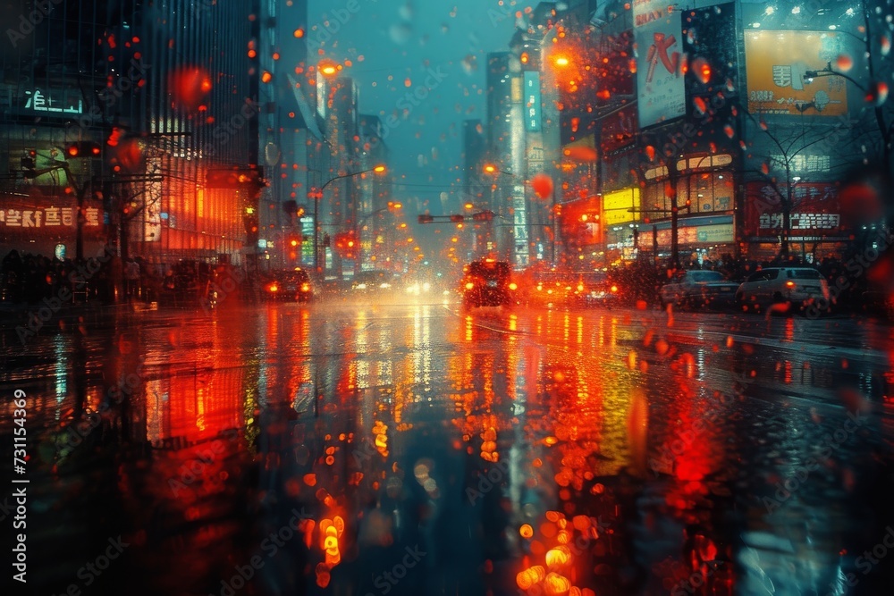The shimmering city street, adorned with the glimmer of raindrops and the reflection of towering skyscrapers, exudes a sense of melancholy and wonder in the midst of the bustling night