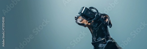 Dog with VR headset isolated on grey background. Cybernetic technology  robot. Future tech  science fiction. Design for banner  header with copy space. Funny cute animal