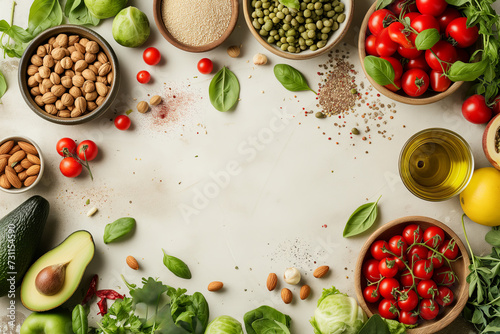 Ingredients of a plant-based diet on a flat lay light background