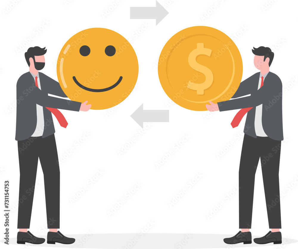 Money can buy happiness, philosophy or life success dilemma, financial goal vs work life balance and enjoy life concept, businessman hand offer money to buy happiness smile face.

