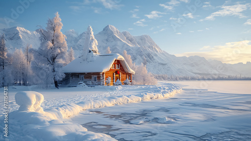 Beautiful winter landscape with snow covered house on the shore of lake.