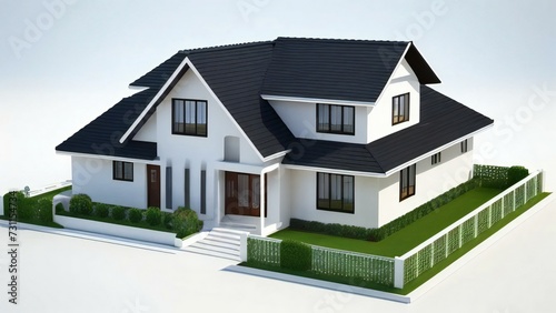 3d house model rendering on white background, Clean and precise 3D illustration modern cozy house. Concept for real estate or property.