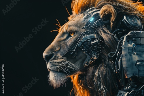 Cyborg lion isolated on black background. Cybernetic technology, robot. Future tech, science fiction. Design for banner, poster. Wildlife, predator concept