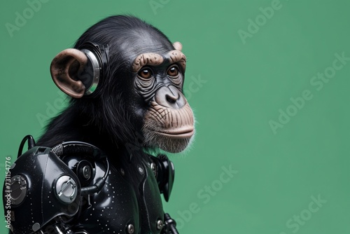 Cyborg monkey on green background. Cybernetic technology, robot. Future tech, science fiction. Design for banner, poster with copy space. Wildlife concept