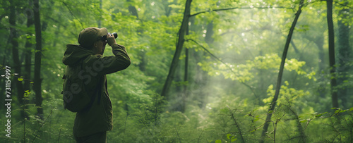 birdwatcher in a lush forest, binoculars in hand,