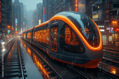 A bustling metropolis comes alive at night as a train rolls along the tracks, connecting buildings and people through the public transport system of a vibrant city