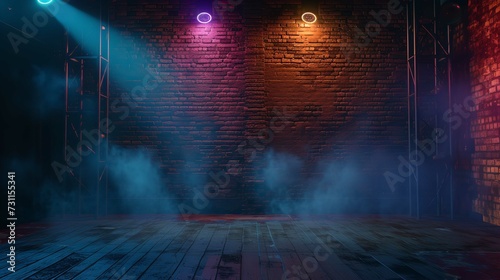 Dark Empty Brick Wall with Stage Floor