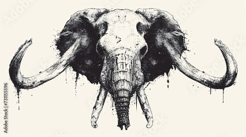 Hand drawn illustration of an elephant skull. Black and white drawing.