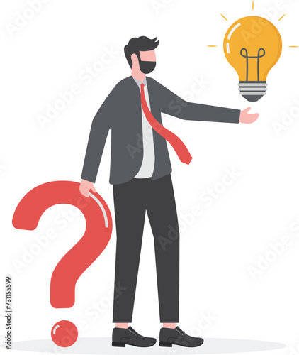 Question and answer, q and a or solution to solve problems, FAQ frequently asked question, help or creative thinking idea concept, smart businessman holding question mark sign and lightbulb solution.
