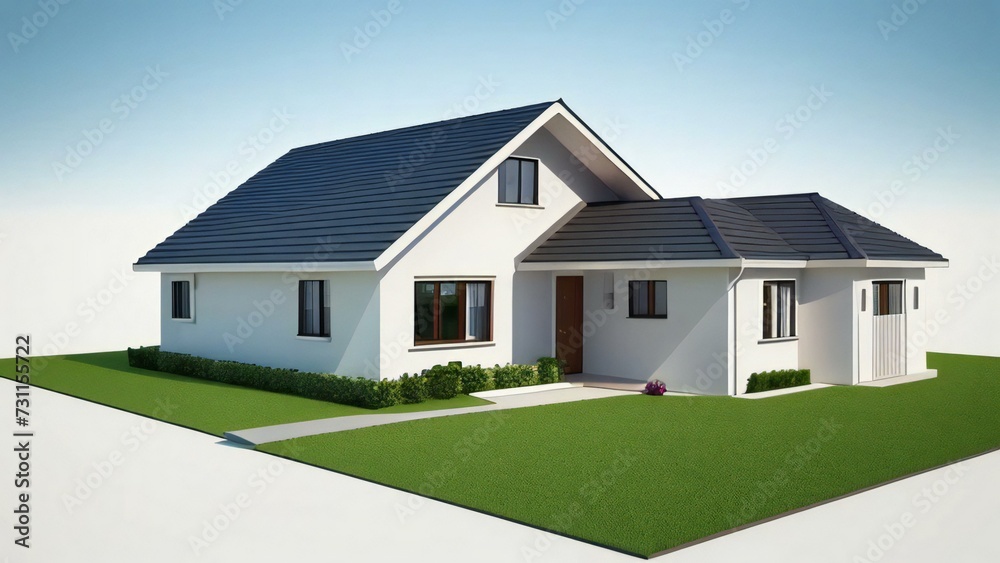 3d house model rendering on white background, Clean and precise 3D illustration modern cozy house. Concept for real estate or property.