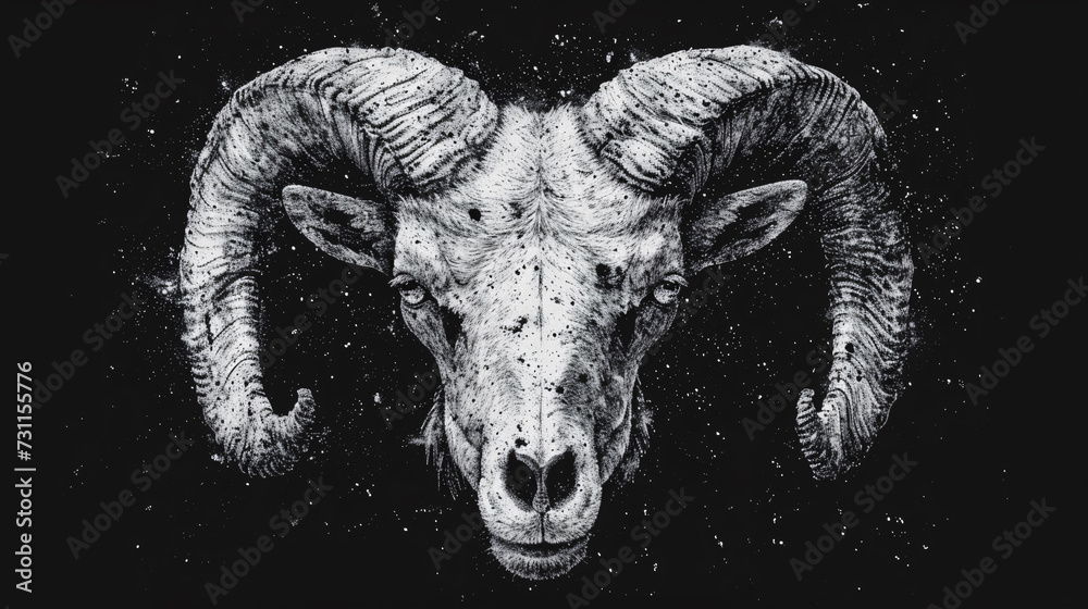 A skull of a ram with horns on a black background. 3d rendering. Grunge background with skull of a goat. Vector illustration. - obrazy, fototapety, plakaty 