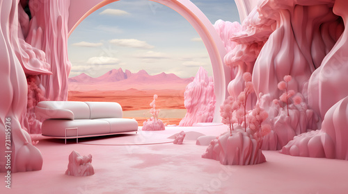 3d fantasy landscape, in the style of surreal pop art, light pink and light beige, realistic trompe-l'oeil, interior scenes