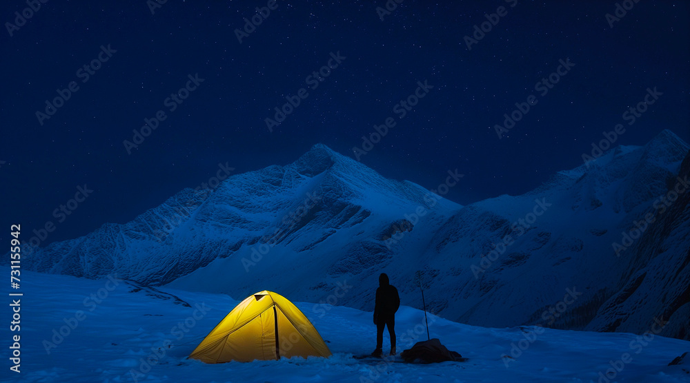 Illuminated yellow tent at night in snowy mountains with person standing next to it and starry sky, long night exposure of tent in mountains