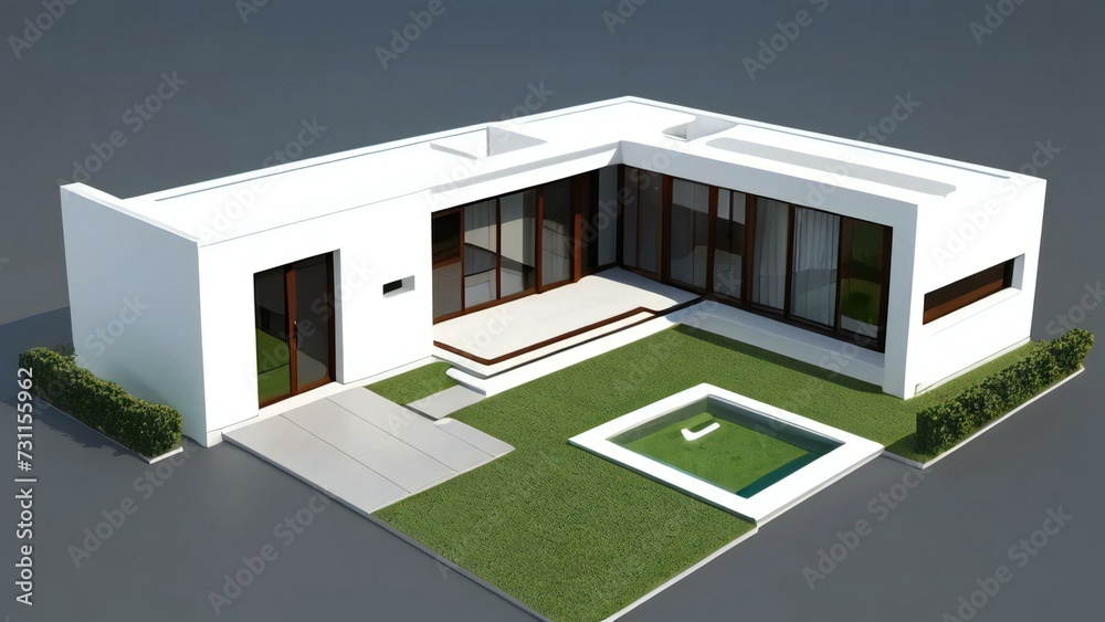 3d house model rendering on white background, Clean and precise 3D illustration modern cozy house. Concept for real estate or property.