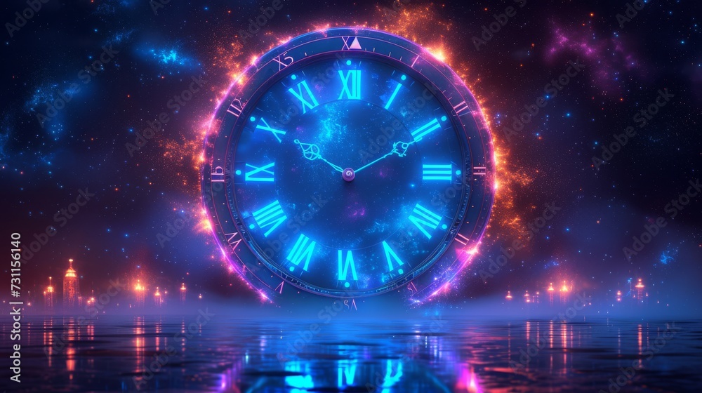 Obraz premium A large, glowing, futuristic clock floats above a reflective surface against a starry night sky, generative ai