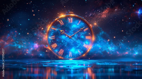 A large, glowing pocket watch floats ethereally against a vibrant, starry cosmic background above rippled water, generative ai