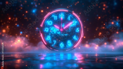 A neon-lit circular clock with a galaxy background, glowing on a reflective surface, amidst hazy surroundings, generative ai