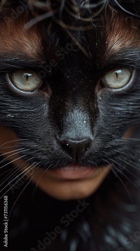 A person with face paint resembling a black cat, showcasing striking eyes, and a feline nose, generative ai
