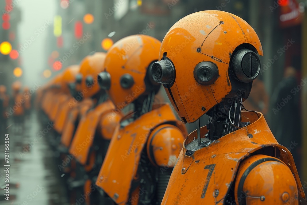 A row of yellow and orange robots stood at attention, their helmets gleaming in the bright outdoor sunlight, ready to take on the bustling city street with their metallic strength and unwavering dete