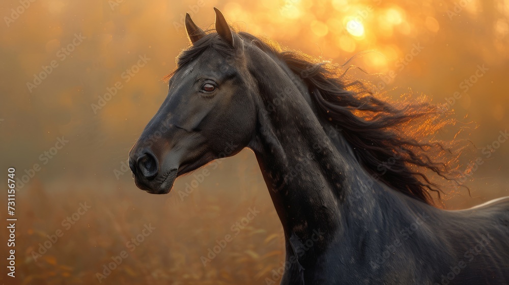 Fototapeta premium A majestic black horse with a flowing mane is backlit by a golden, sun-filled haze, generative ai