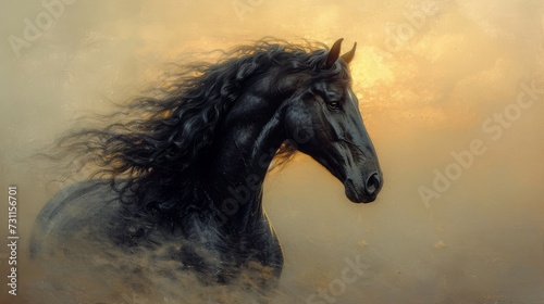 The image depicts a majestic black horse with a flowing mane against a warm, ethereal background, generative ai © TheGoldTiger