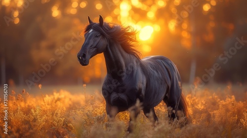 A majestic black horse stands in a sunlit field with golden hues and trees behind, generative ai © TheGoldTiger