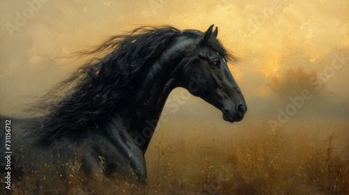 A majestic black horse with a flowing mane stands against a golden  textured  impressionistic background  generative ai
