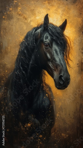 A majestic black horse with a shimmering mane is depicted against a warm  golden-hued background  generative ai