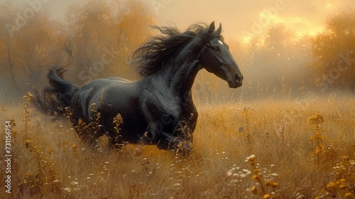 A majestic black horse galloping freely across a misty, sunlit meadow dotted with golden wildflowers, generative ai © TheGoldTiger