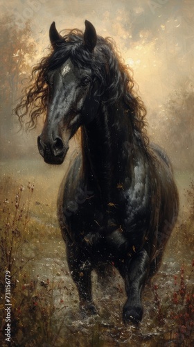 A majestic black horse with flowing mane gallops in a misty field  embodying freedom and power  generative ai