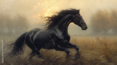 A majestic black horse gallops freely across a misty field  with a warm  glowing sunrise backdrop  generative ai