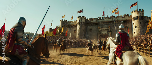 historical reenactment, knights jousting at a medieval tournament, dramatic action