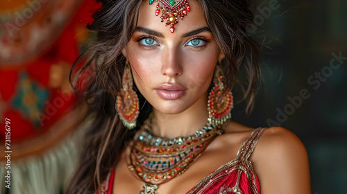 Beautiful young brunette woman with bright make-up in oriental style. 