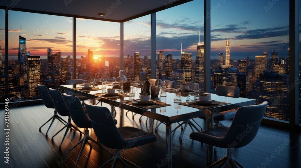 A high-powered business meeting in a boardroom with city views