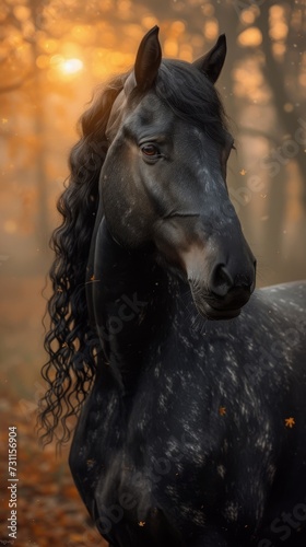 A majestic black horse with a flowing mane stands amidst a golden-hued, autumnal forest setting, generative ai