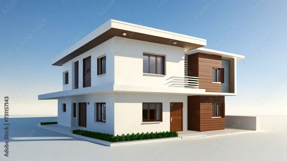 3d house model rendering on white background, Clean and precise 3D illustration modern cozy house. Concept for real estate or property.