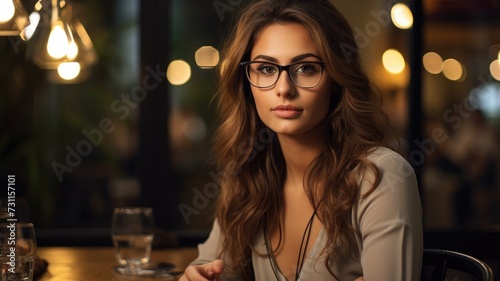 A woman with glasses sitting at a table, engaged in an activity.