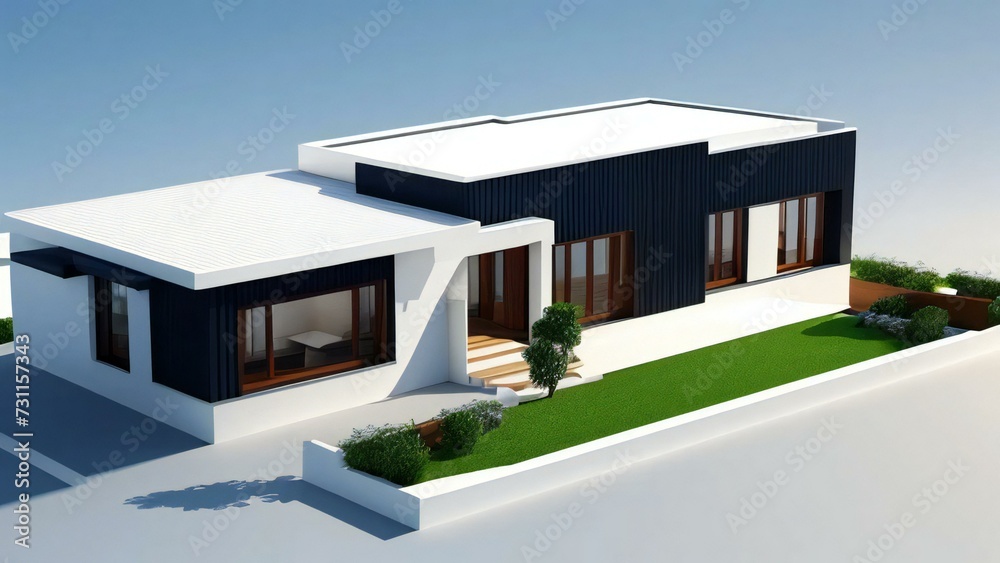 3d house model rendering on white background, Clean and precise 3D illustration modern cozy house. Concept for real estate or property.