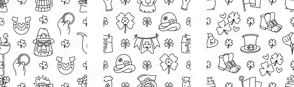 St Patricks day doodle style seamless pattern in black and white, hand-drawn icons background, cute Irish holiday symbols and elements collection.