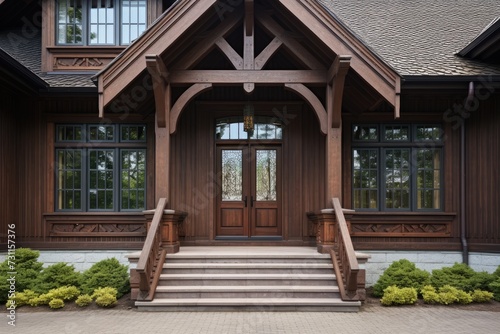 A photo of a sizeable wooden house featuring a generously proportioned front door.
