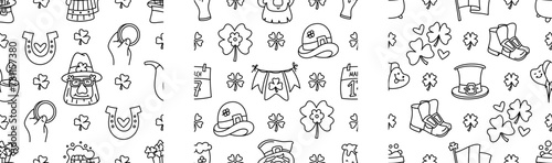 St Patricks day doodle style seamless pattern in black and white, hand-drawn icons background, cute Irish holiday symbols and elements collection.