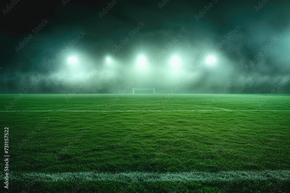 Vibrant soccer field at night, illuminated by floodlights. The sharp focus captures the well-maintained green grass and precision-cut lines. The soft glow creates a warm and inviting atmosphere
