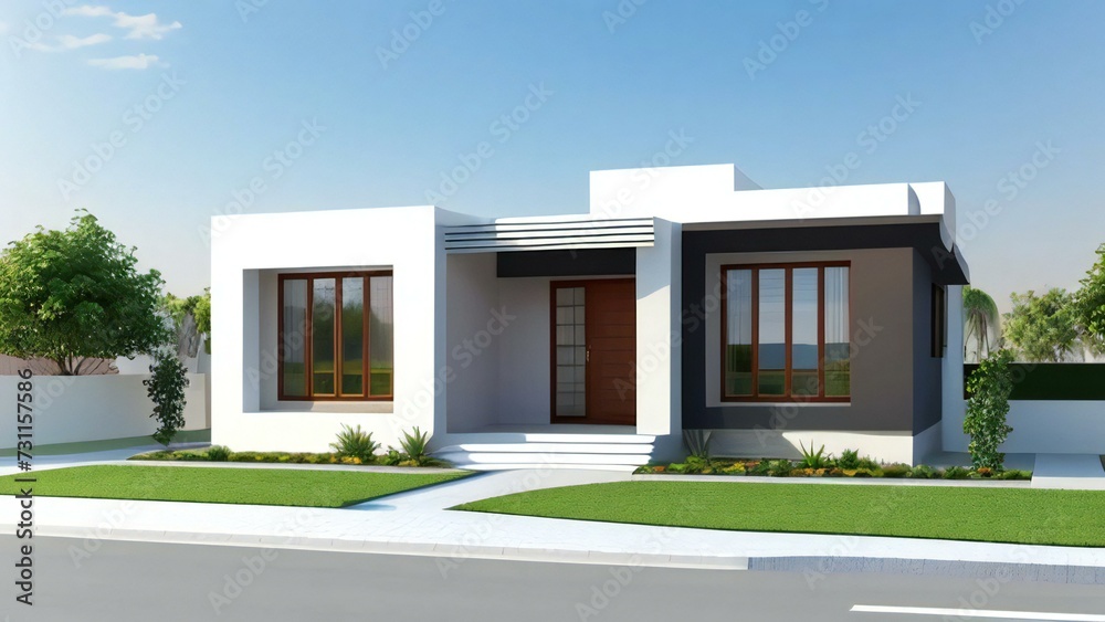 3d house model rendering on white background, Clean and precise 3D illustration modern cozy house. Concept for real estate or property.