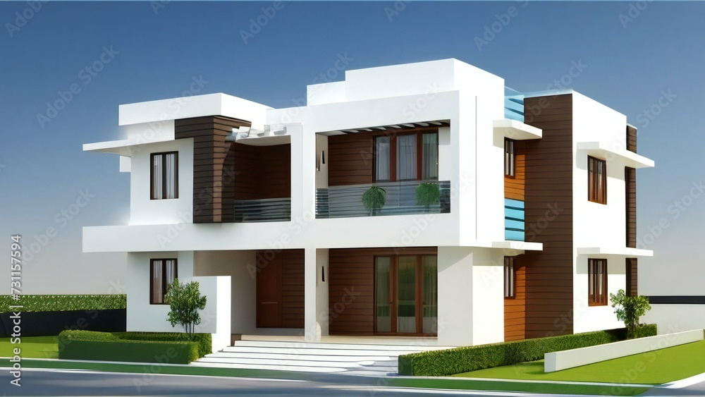 3d house model rendering on white background, Clean and precise 3D illustration modern cozy house. Concept for real estate or property.